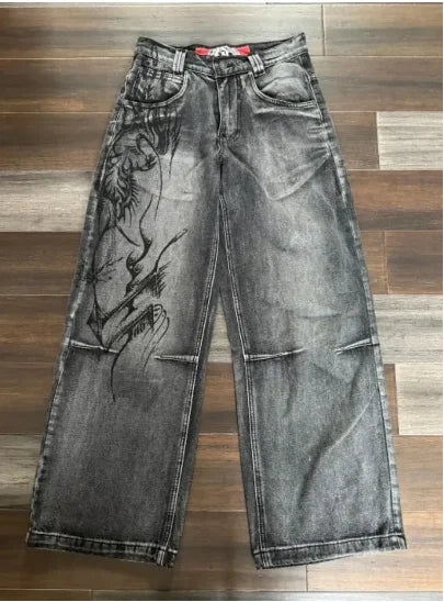 LVSANW New Jeans Female Y2K American Harajuku Retro Washed Loose Jeans Street Fashion Casual Gothic High Waist Pants For Men and Women