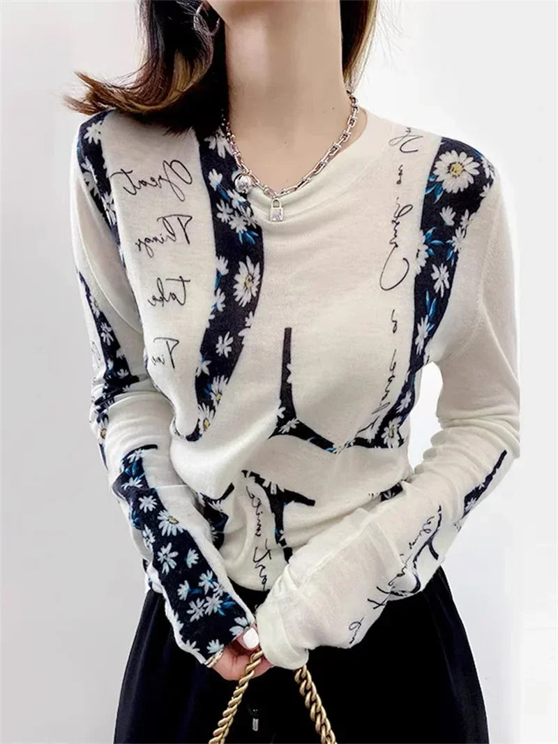 LVSANW New Knit Spring Pullover Knitted Top Worsted Printed O-Neck Thin Sweater Woman Flower Fashion Knit Loose Leisure Sweaters 2025