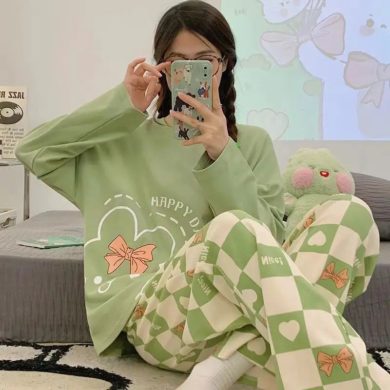 LVSANW New Large Size Women's Pajama Of Casual Cartoon Spring And Autumn Ladies Pajamas Suit Cotton Long-sleeved Student Homewear Suit