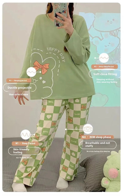 LVSANW New Large Size Women's Pajama Of Casual Cartoon Spring And Autumn Ladies Pajamas Suit Cotton Long-sleeved Student Homewear Suit