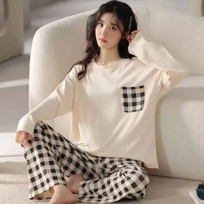 LVSANW New Large Size Women's Pajama Of Casual Cartoon Spring And Autumn Ladies Pajamas Suit Cotton Long-sleeved Student Homewear Suit