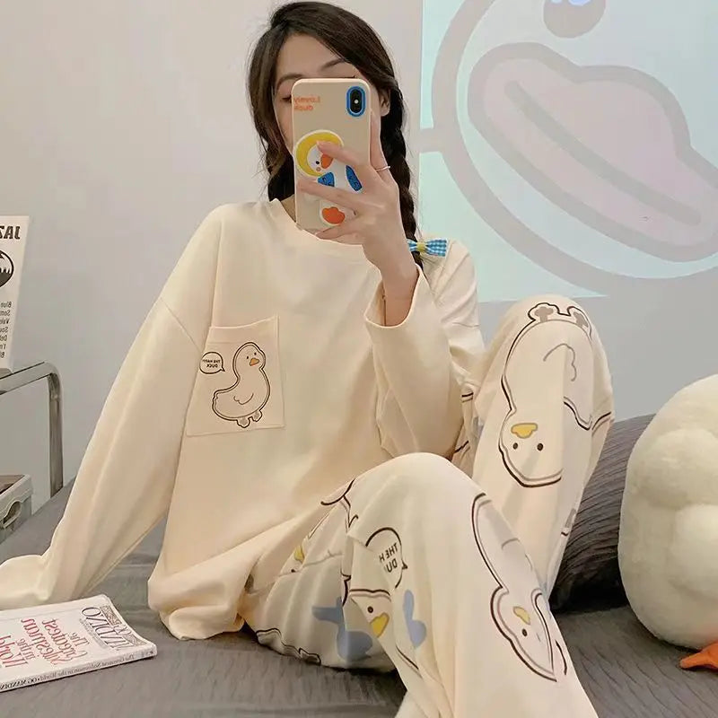 LVSANW New Large Size Women's Pajama Of Casual Cartoon Spring And Autumn Ladies Pajamas Suit Cotton Long-sleeved Student Homewear Suit