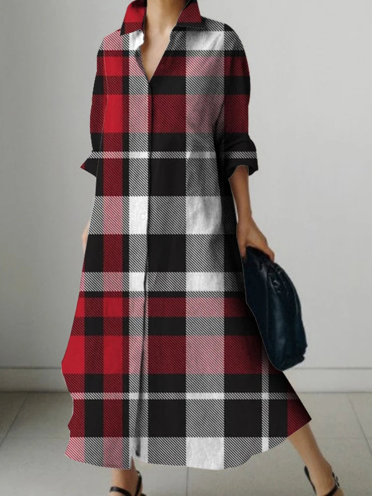 LVSANW New Long Sleeve Shirt Dress Ladies Plaid Print Design Dress Elegant Beautiful Evening Gown Deluxe Dress For PROM Spring/Summer