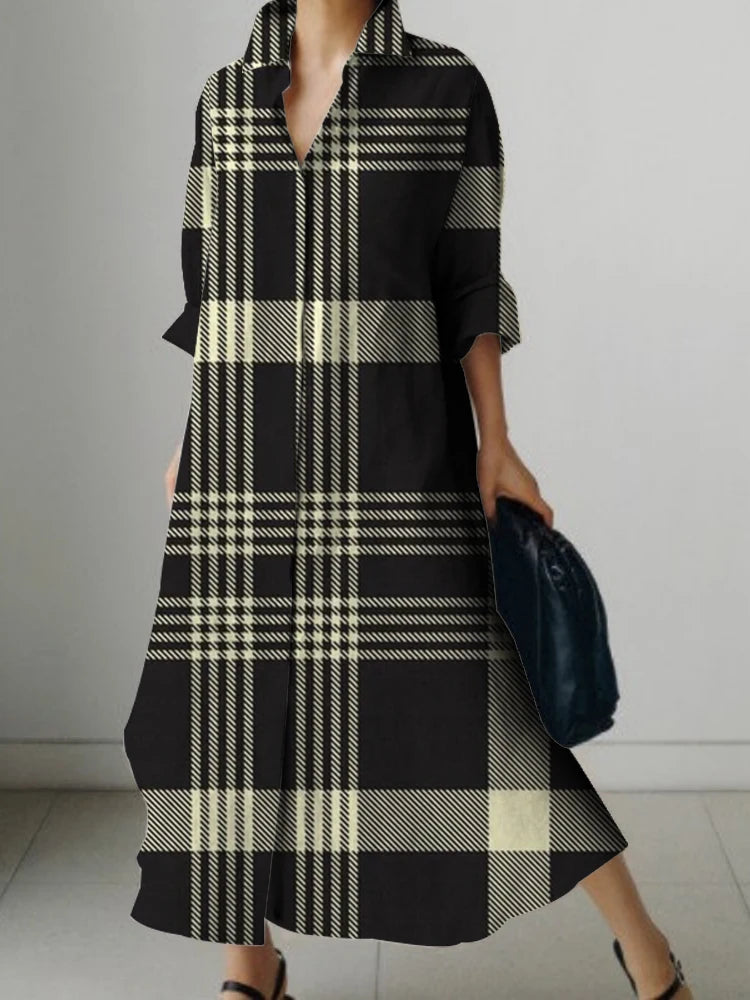 LVSANW New Long Sleeve Shirt Dress Ladies Plaid Print Design Dress Elegant Beautiful Evening Gown Deluxe Dress For PROM Spring/Summer