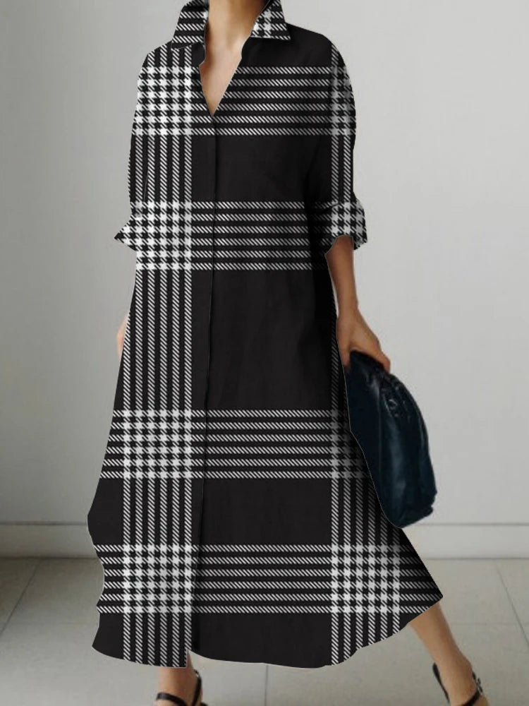 LVSANW New Long Sleeve Shirt Dress Ladies Plaid Print Design Dress Elegant Beautiful Evening Gown Deluxe Dress For PROM Spring/Summer