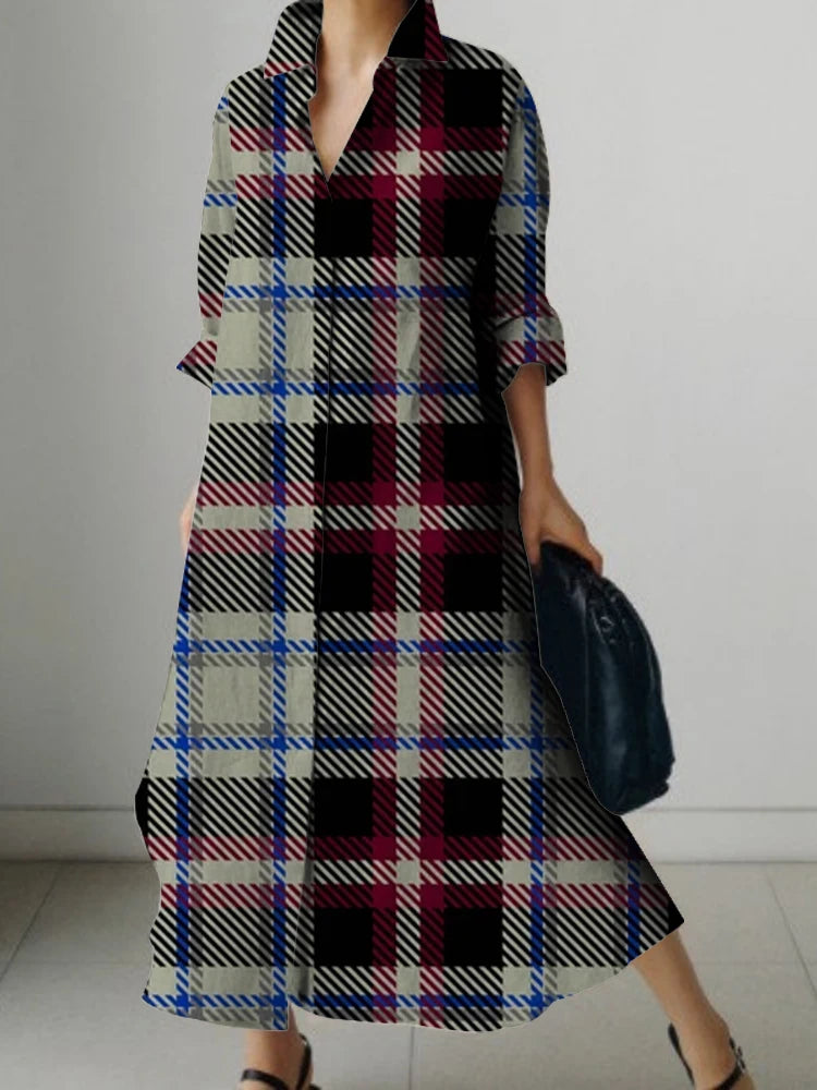 LVSANW New Long Sleeve Shirt Dress Ladies Plaid Print Design Dress Elegant Beautiful Evening Gown Deluxe Dress For PROM Spring/Summer