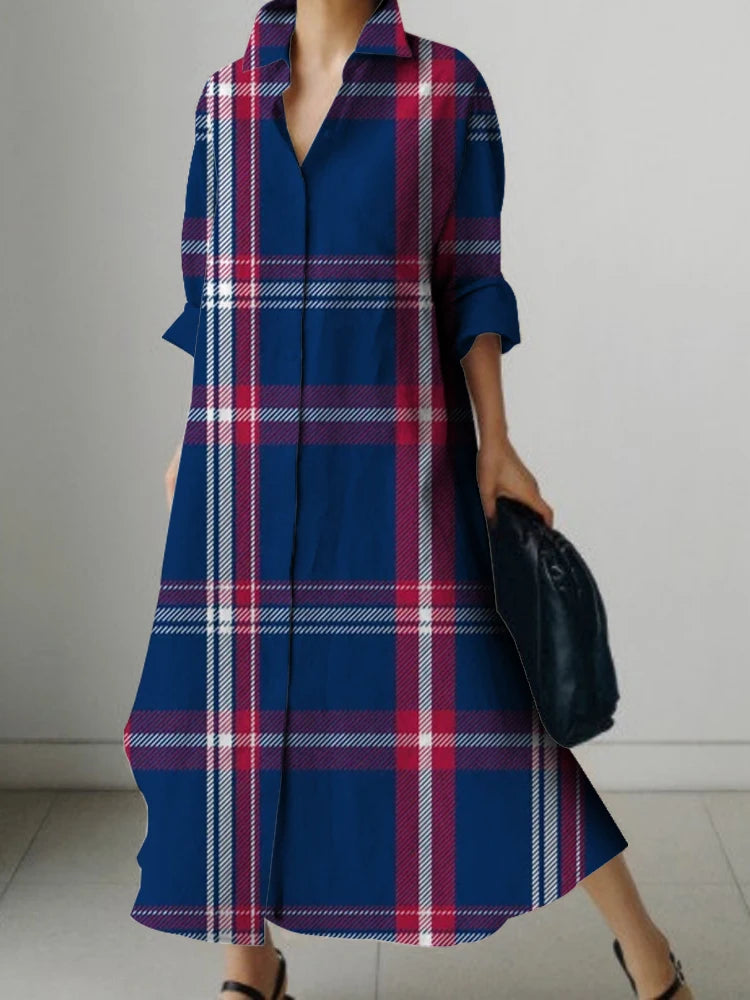 LVSANW New Long Sleeve Shirt Dress Ladies Plaid Print Design Dress Elegant Beautiful Evening Gown Deluxe Dress For PROM Spring/Summer