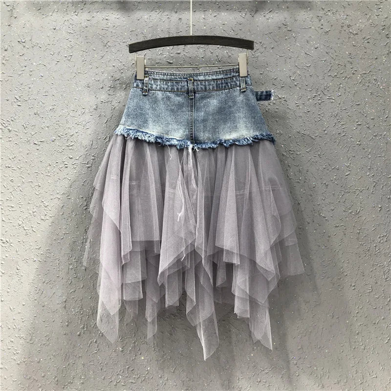 LVSANW New Mesh Splicing High Waist Slim Denim Skirt for Women Summer Sexy Skirts Girls Night Clubwear Sexy Bottom