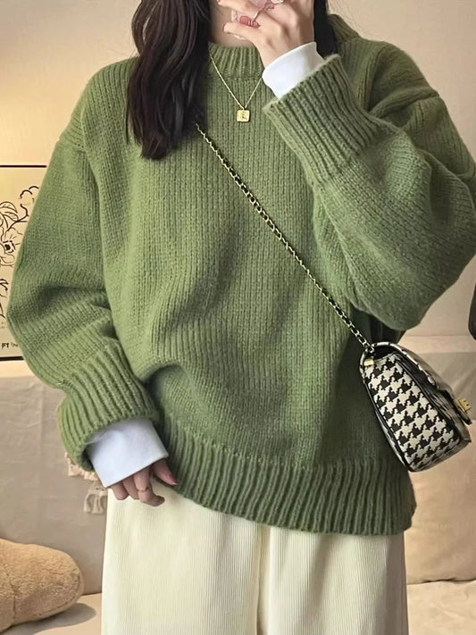 LVSANW New O-Neck Loose Green Pullover Sweater For Women Autumn Winter Thick Retro Japanese Lazy Style Interior Bottom Knitted Top