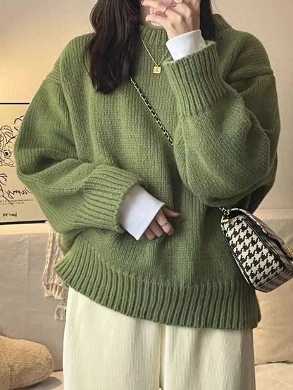 LVSANW New O-Neck Loose Green Pullover Sweater For Women Autumn Winter Thick Retro Japanese Lazy Style Interior Bottom Knitted Top