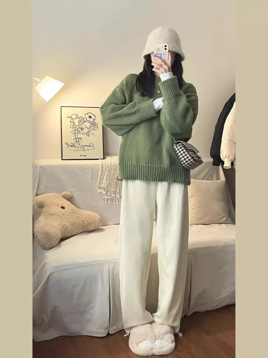 LVSANW New O-Neck Loose Green Pullover Sweater For Women Autumn Winter Thick Retro Japanese Lazy Style Interior Bottom Knitted Top