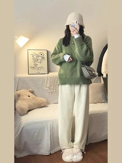 LVSANW New O-Neck Loose Green Pullover Sweater For Women Autumn Winter Thick Retro Japanese Lazy Style Interior Bottom Knitted Top