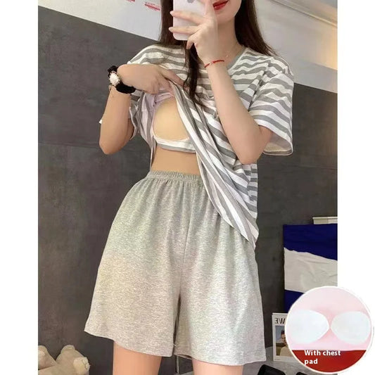 LVSANW New Pajamas Loungewear Set Women's Summer Short Sleeve Striped With Chest Pad Students Can Wear Loungewear Set Women's Homewear