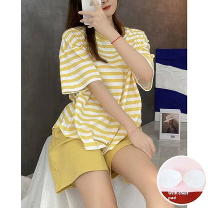 LVSANW New Pajamas Loungewear Set Women's Summer Short Sleeve Striped With Chest Pad Students Can Wear Loungewear Set Women's Homewear