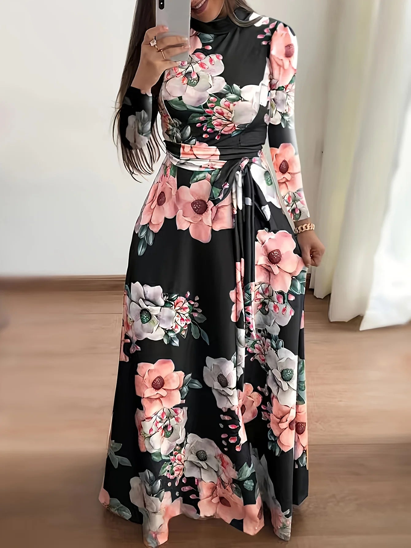 LVSANW New Product Printed Fashionable Spring and Autumn Versatile Strap Fitting Elegant Women's Long Sleeve Dress for Women