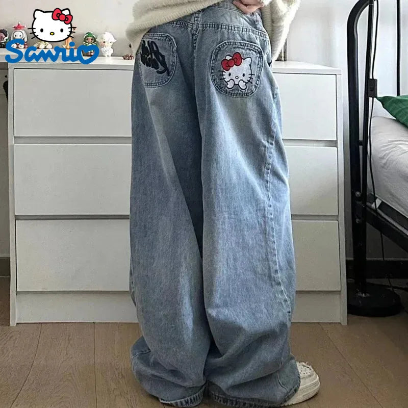 LVSANW New Sanrio Hello Kitty Baggy Jeans Women Blue Denim Embroidery Fashion Wide Leg Pants Winter High Waist Straight Clothes Y2k