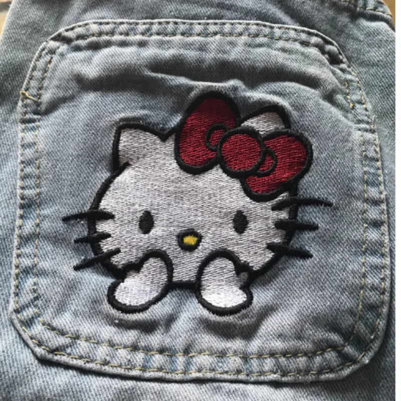 LVSANW New Sanrio Hello Kitty Baggy Jeans Women Blue Denim Embroidery Fashion Wide Leg Pants Winter High Waist Straight Clothes Y2k