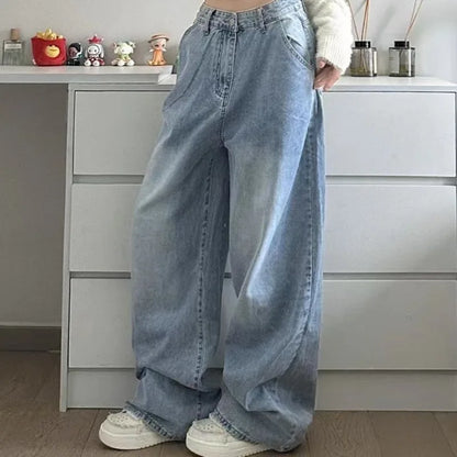 LVSANW New Sanrio Hello Kitty Baggy Jeans Women Blue Denim Embroidery Fashion Wide Leg Pants Winter High Waist Straight Clothes Y2k