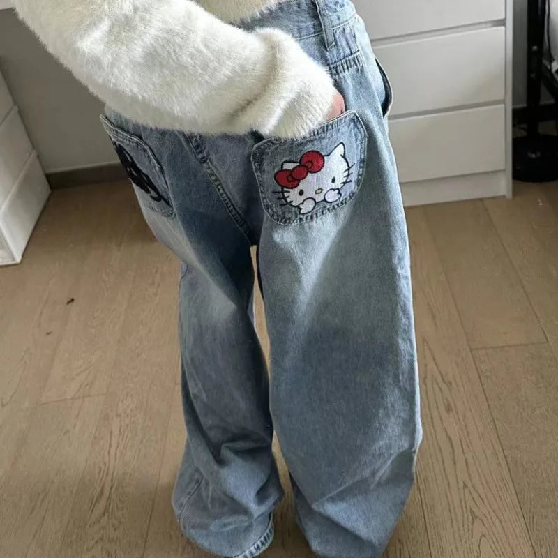 LVSANW New Sanrio Hello Kitty Baggy Jeans Women Blue Denim Embroidery Fashion Wide Leg Pants Winter High Waist Straight Clothes Y2k