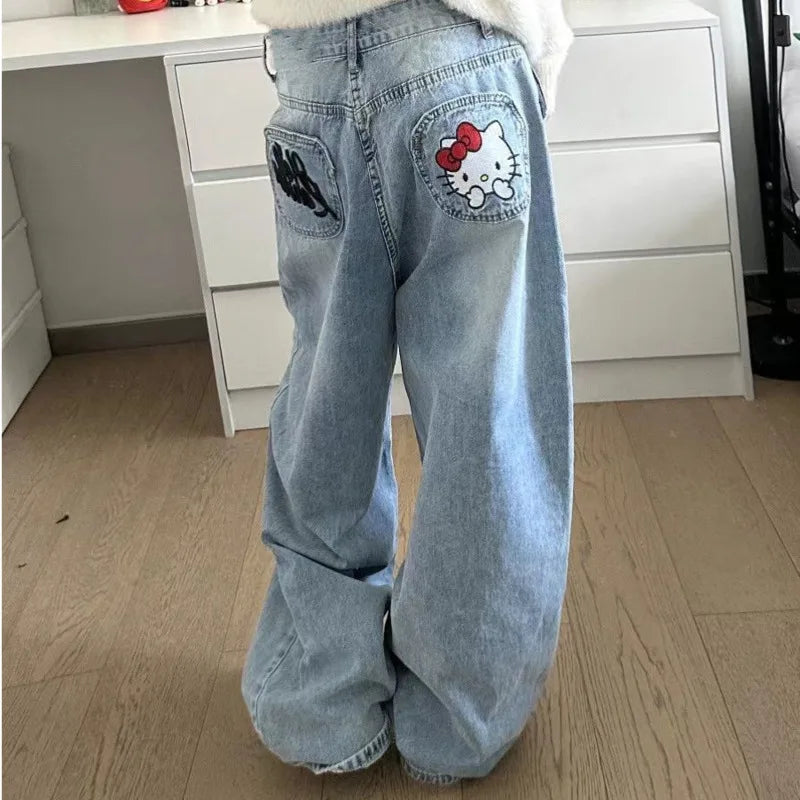 LVSANW New Sanrio Hello Kitty Baggy Jeans Women Blue Denim Embroidery Fashion Wide Leg Pants Winter High Waist Straight Clothes Y2k