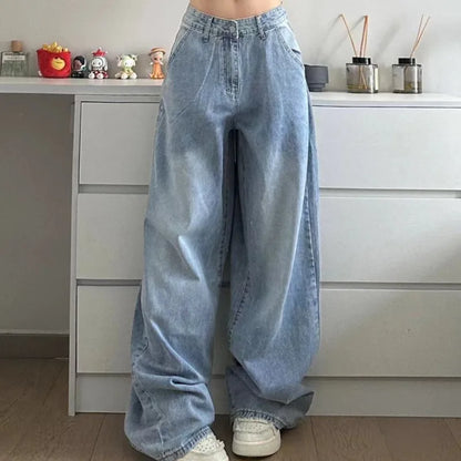 LVSANW New Sanrio Hello Kitty Baggy Jeans Women Blue Denim Embroidery Fashion Wide Leg Pants Winter High Waist Straight Clothes Y2k