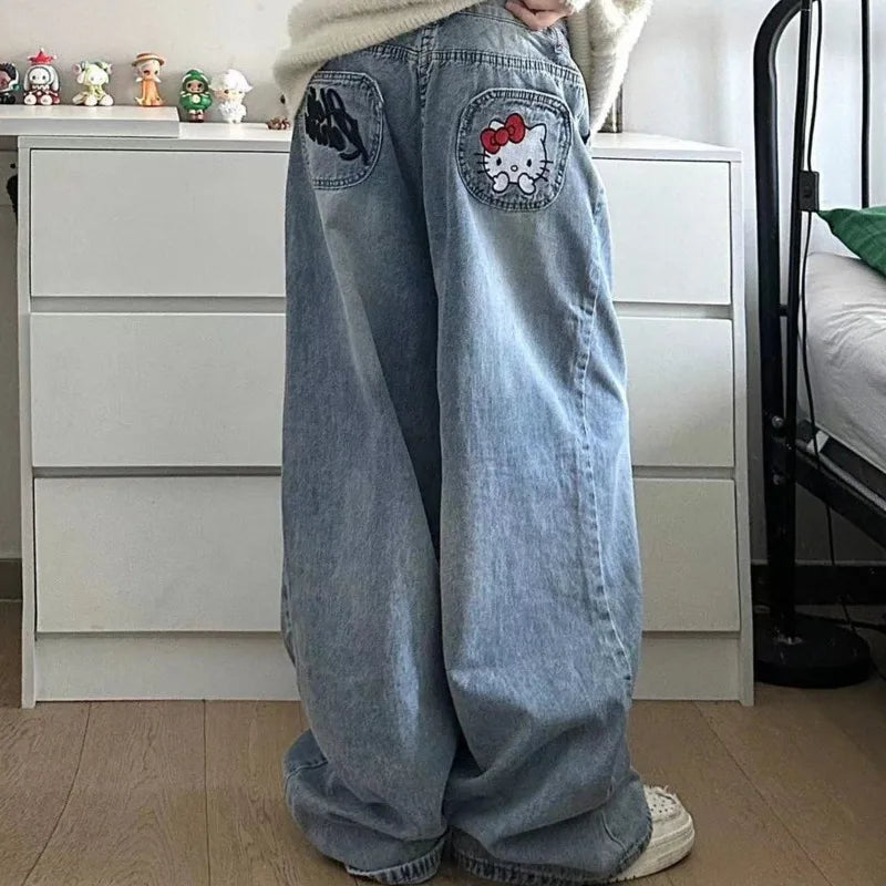 LVSANW New Sanrio Hello Kitty Baggy Jeans Women Blue Denim Embroidery Fashion Wide Leg Pants Winter High Waist Straight Clothes Y2k