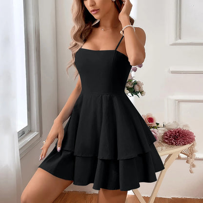 LVSANW New Sexy Cake Dress Women'S Trendy Suspender Dress Solid Color Double-Layer Skirt Suspender Dress Party Dress Women'S Evening Dr