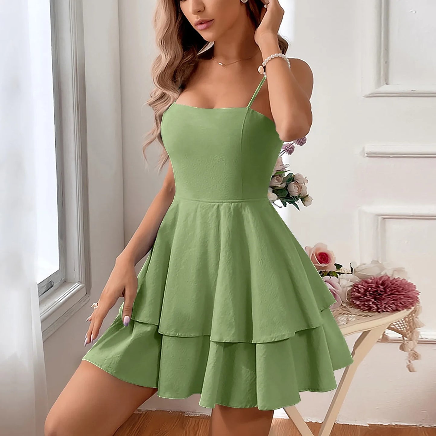 LVSANW New Sexy Cake Dress Women'S Trendy Suspender Dress Solid Color Double-Layer Skirt Suspender Dress Party Dress Women'S Evening Dr