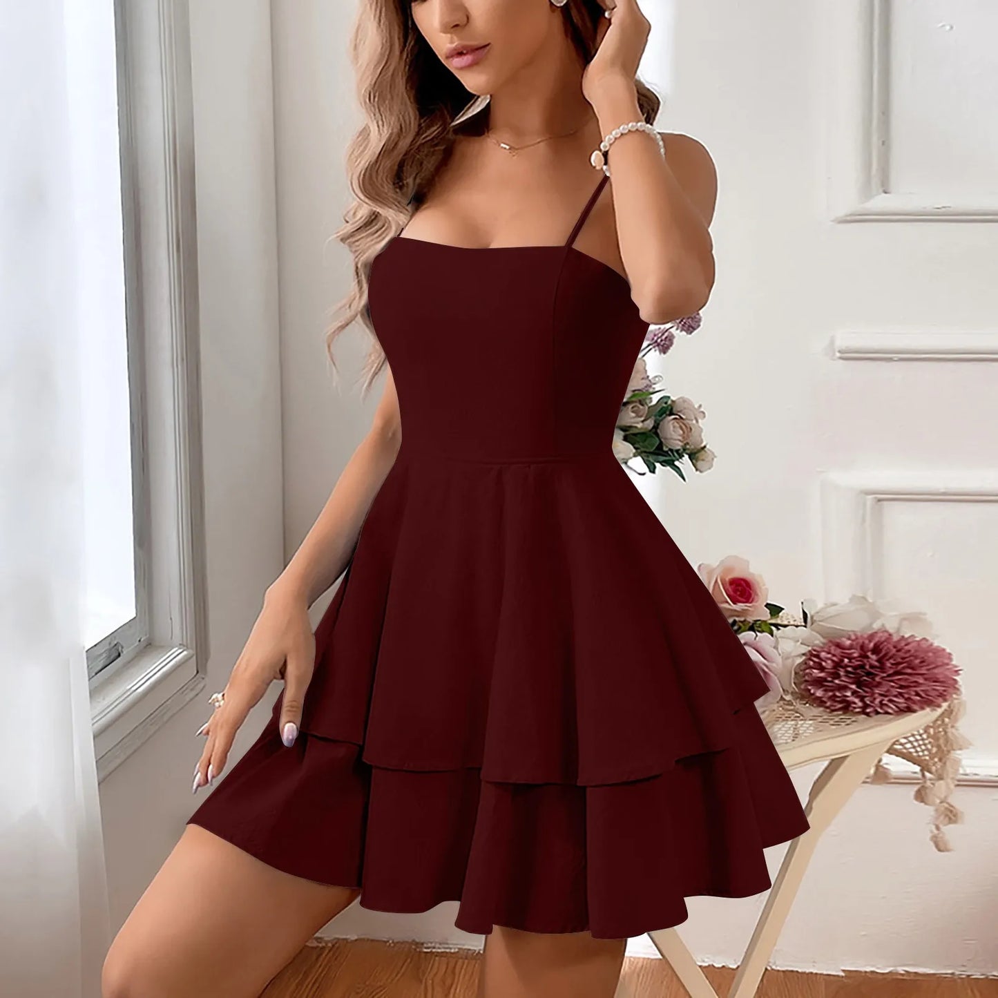 LVSANW New Sexy Cake Dress Women'S Trendy Suspender Dress Solid Color Double-Layer Skirt Suspender Dress Party Dress Women'S Evening Dr