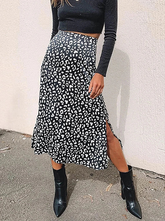 LVSANW New Sexy Leopard Print Chiffon Split Skirt Casual Fashion Long Skirts for Women Spring Summer Zip Elegant Female Skirt
