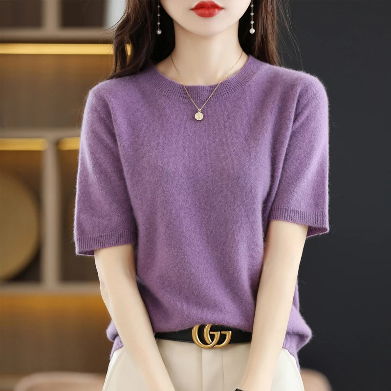 LVSANW New Short-sleeved Knitwear Women O-neck T-shirt Wool Cotton Blend Pullover Vest Sprig Summer Bottoming Tops Sweater Solid Soft