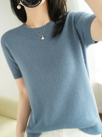 LVSANW New Short-sleeved Knitwear Women O-neck T-shirt Wool Cotton Blend Pullover Vest Sprig Summer Bottoming Tops Sweater Solid Soft