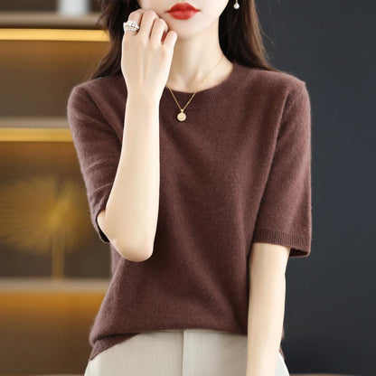 LVSANW New Short-sleeved Knitwear Women O-neck T-shirt Wool Cotton Blend Pullover Vest Sprig Summer Bottoming Tops Sweater Solid Soft