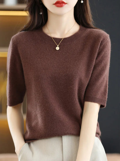 LVSANW New Short-sleeved Knitwear Women O-neck T-shirt Wool Cotton Blend Pullover Vest Sprig Summer Bottoming Tops Sweater Solid Soft