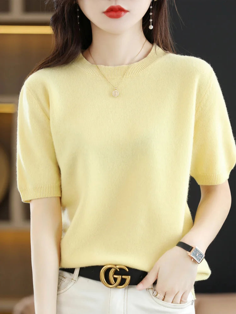 LVSANW New Short-sleeved Knitwear Women O-neck T-shirt Wool Cotton Blend Pullover Vest Sprig Summer Bottoming Tops Sweater Solid Soft