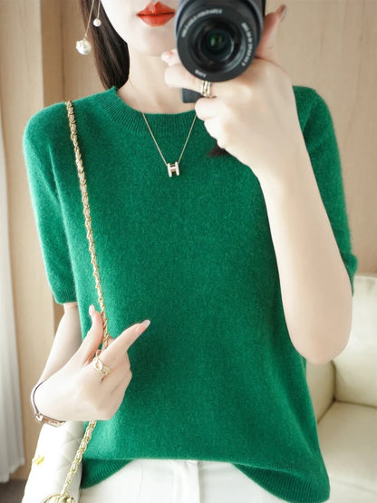 LVSANW New Short-sleeved Knitwear Women O-neck T-shirt Wool Cotton Blend Pullover Vest Sprig Summer Bottoming Tops Sweater Solid Soft