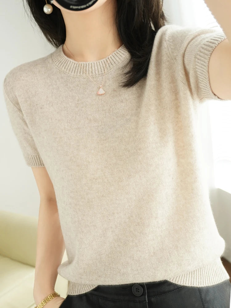 LVSANW New Short-sleeved Knitwear Women O-neck T-shirt Wool Cotton Blend Pullover Vest Sprig Summer Bottoming Tops Sweater Solid Soft