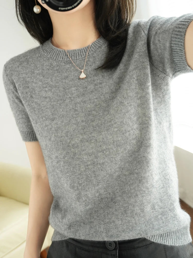 LVSANW New Short-sleeved Knitwear Women O-neck T-shirt Wool Cotton Blend Pullover Vest Sprig Summer Bottoming Tops Sweater Solid Soft