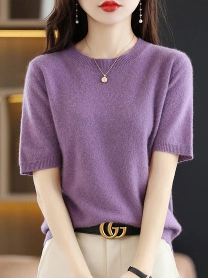 LVSANW New Short-sleeved Knitwear Women O-neck T-shirt Wool Cotton Blend Pullover Vest Sprig Summer Bottoming Tops Sweater Solid Soft