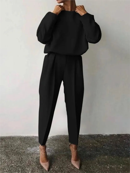 LVSANW New Solid Long-sleeve Casual Two-piece Set For Women Loose O Neck Black Pants Suit Female Elegant Casual Office Sets Autumn