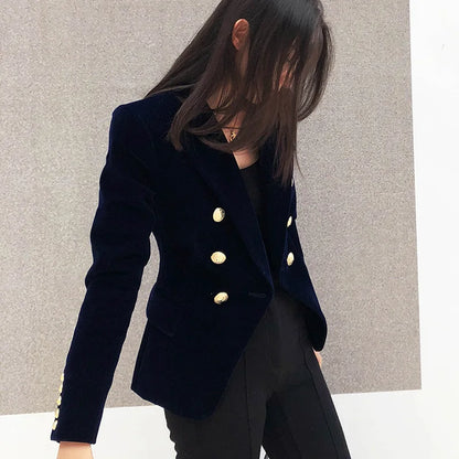 LVSANW New Spring Fashion Women Midnight Navy Slim Velvet Blazer Office Lady Double Breasted Suit Jacket Coat Female Party Clothes Gift