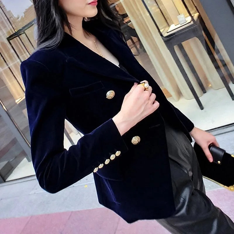 LVSANW New Spring Fashion Women Midnight Navy Slim Velvet Blazer Office Lady Double Breasted Suit Jacket Coat Female Party Clothes Gift