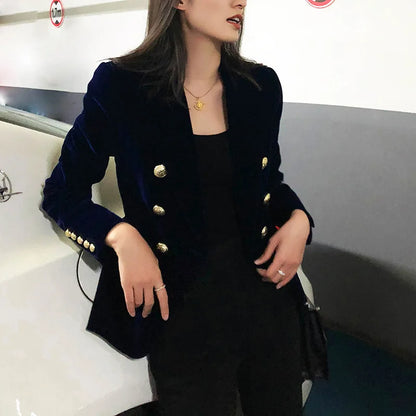 LVSANW New Spring Fashion Women Midnight Navy Slim Velvet Blazer Office Lady Double Breasted Suit Jacket Coat Female Party Clothes Gift