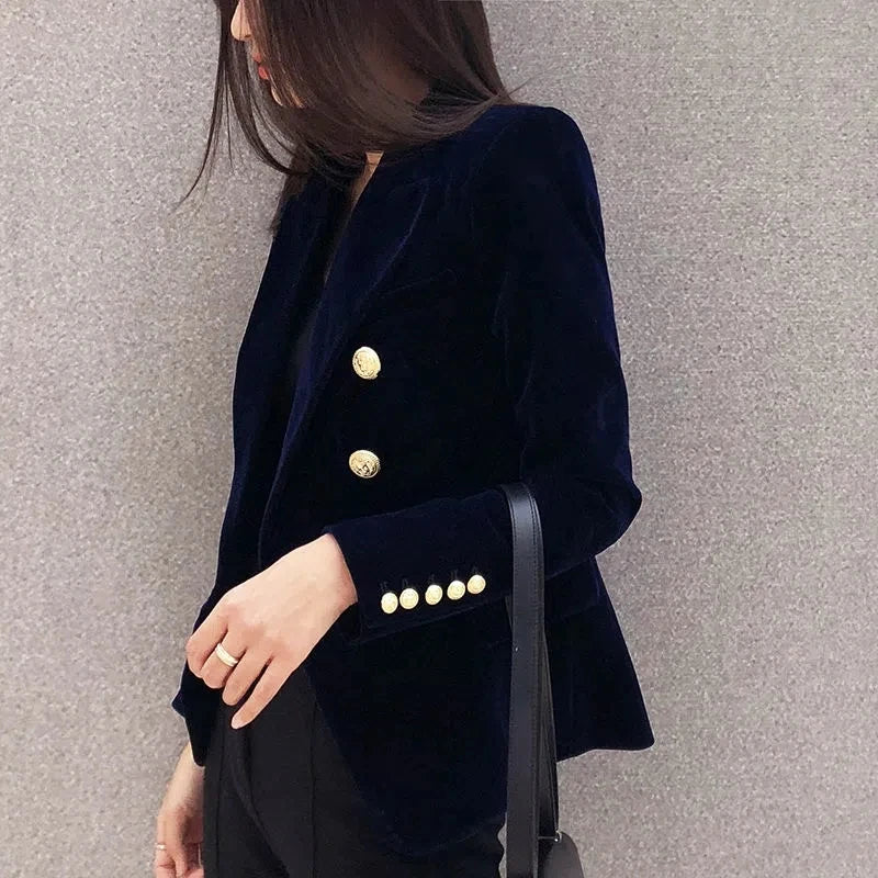 LVSANW New Spring Fashion Women Midnight Navy Slim Velvet Blazer Office Lady Double Breasted Suit Jacket Coat Female Party Clothes Gift