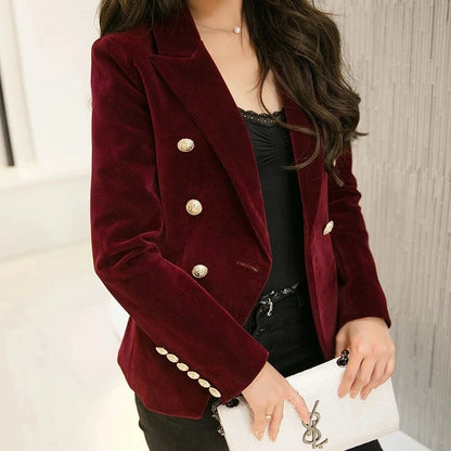 LVSANW New Spring Fashion Women Midnight Navy Slim Velvet Blazer Office Lady Double Breasted Suit Jacket Coat Female Party Clothes Gift