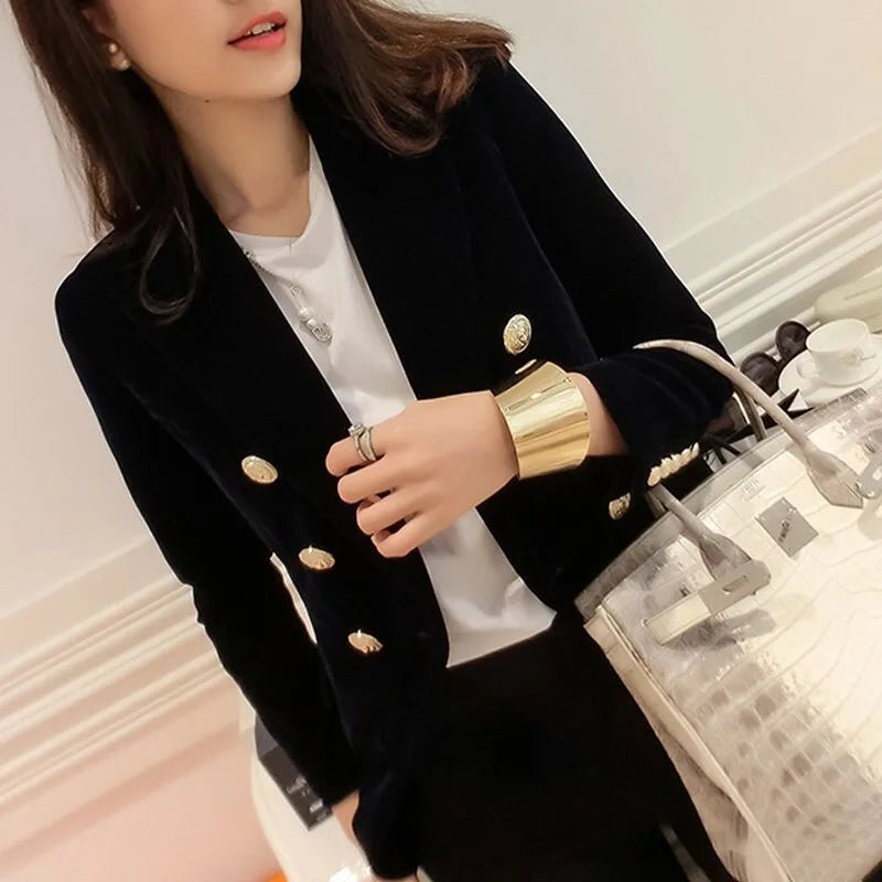 LVSANW New Spring Fashion Women Midnight Navy Slim Velvet Blazer Office Lady Double Breasted Suit Jacket Coat Female Party Clothes Gift