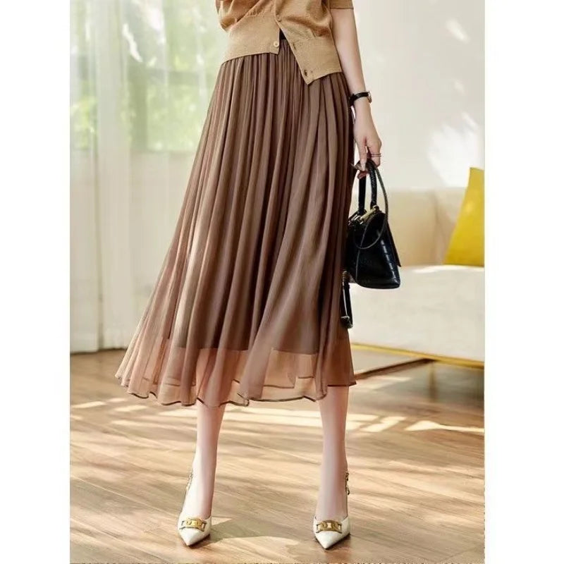 LVSANW New Spring and Summer Women's Solid Color High Waist Elastic Gauze Pleated A-Line Appear Thin Fashion Casual All Match Skirt