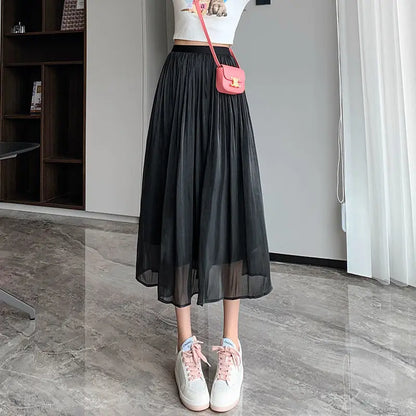 LVSANW New Spring and Summer Women's Solid Color High Waist Elastic Gauze Pleated A-Line Appear Thin Fashion Casual All Match Skirt