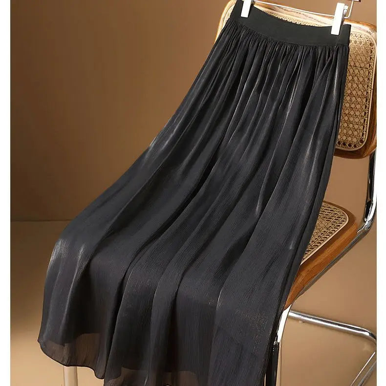 LVSANW New Spring and Summer Women's Solid Color High Waist Elastic Gauze Pleated A-Line Appear Thin Fashion Casual All Match Skirt