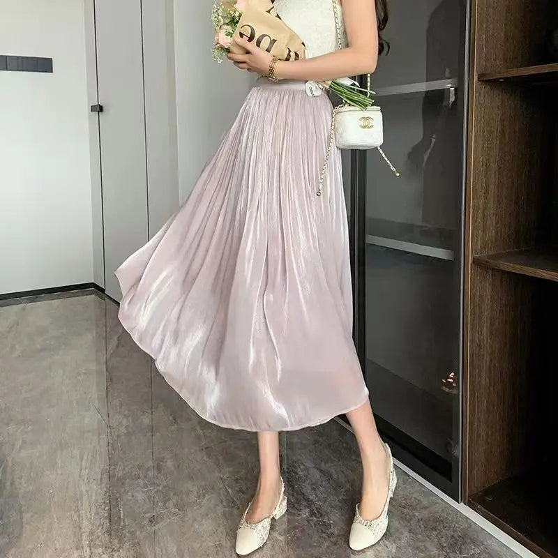 LVSANW New Spring and Summer Women's Solid Color High Waist Elastic Gauze Pleated A-Line Appear Thin Fashion Casual All Match Skirt